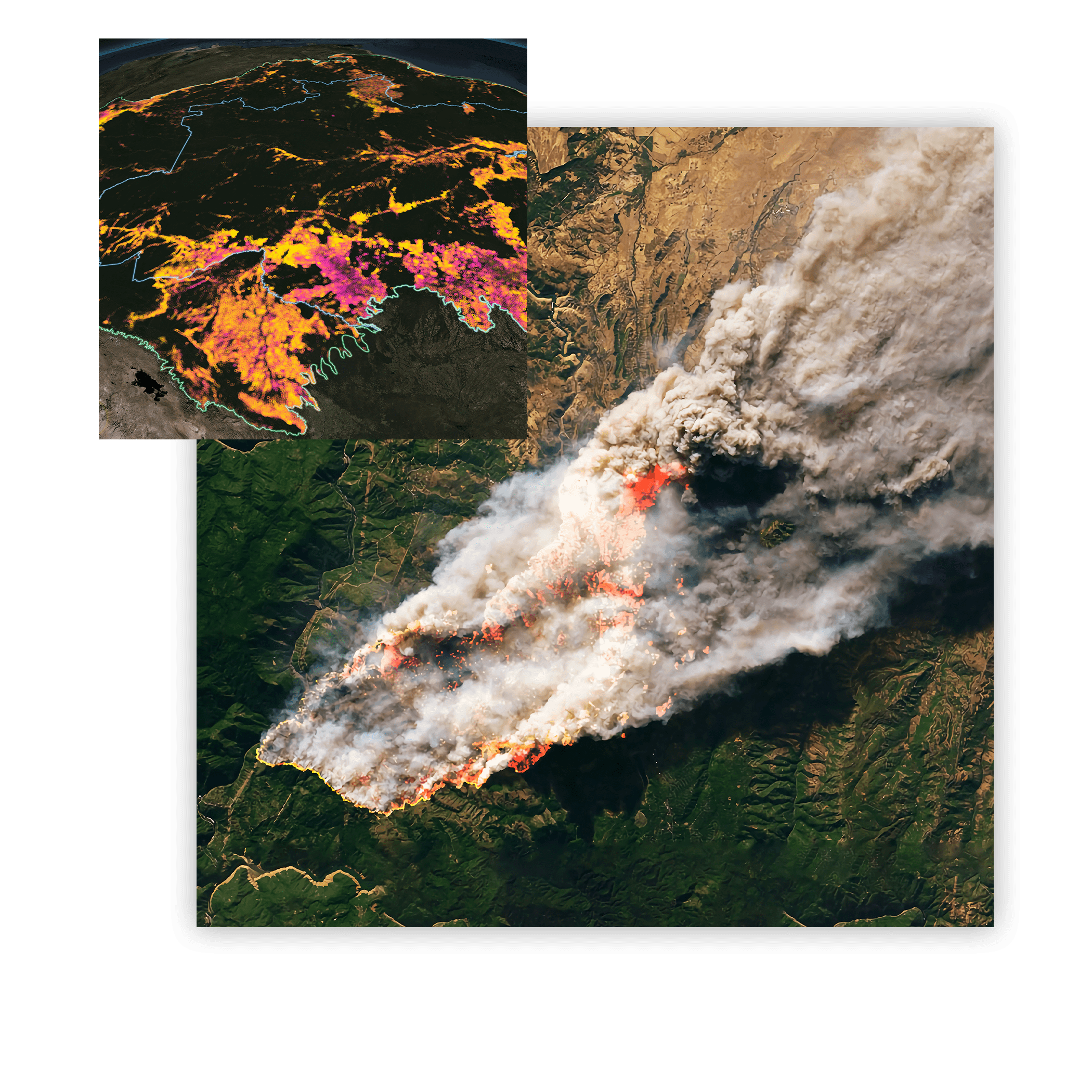 Aerial view of a large forest fire and a high-contrast map displaying the fire-affected landscape