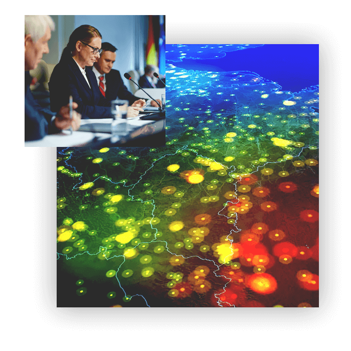 A digital map of Europe with yellow and red circles denoting pollution levels, alongside a group of people at a table talking
