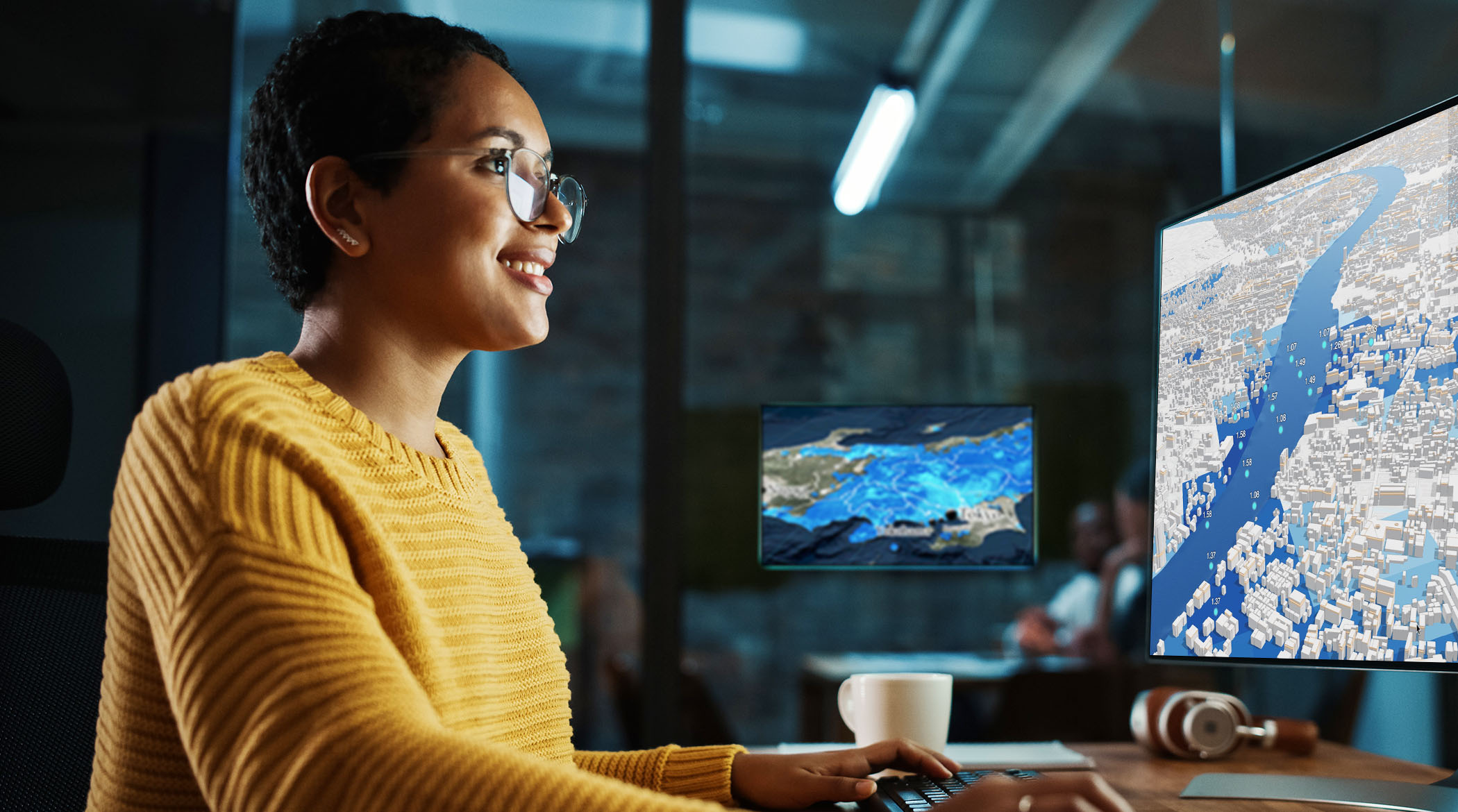 Woman wearing glasses smiles while looking at a computer screen showing a 3D map