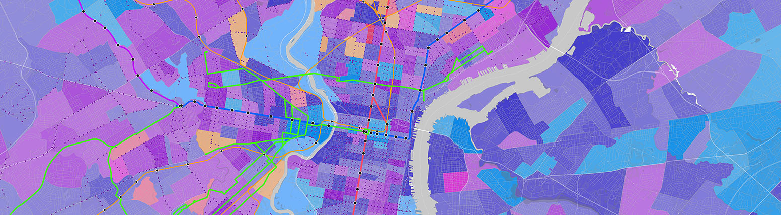 Colorful map with abstract shapes, lines, and dots representing geographical data and city infrastructure.