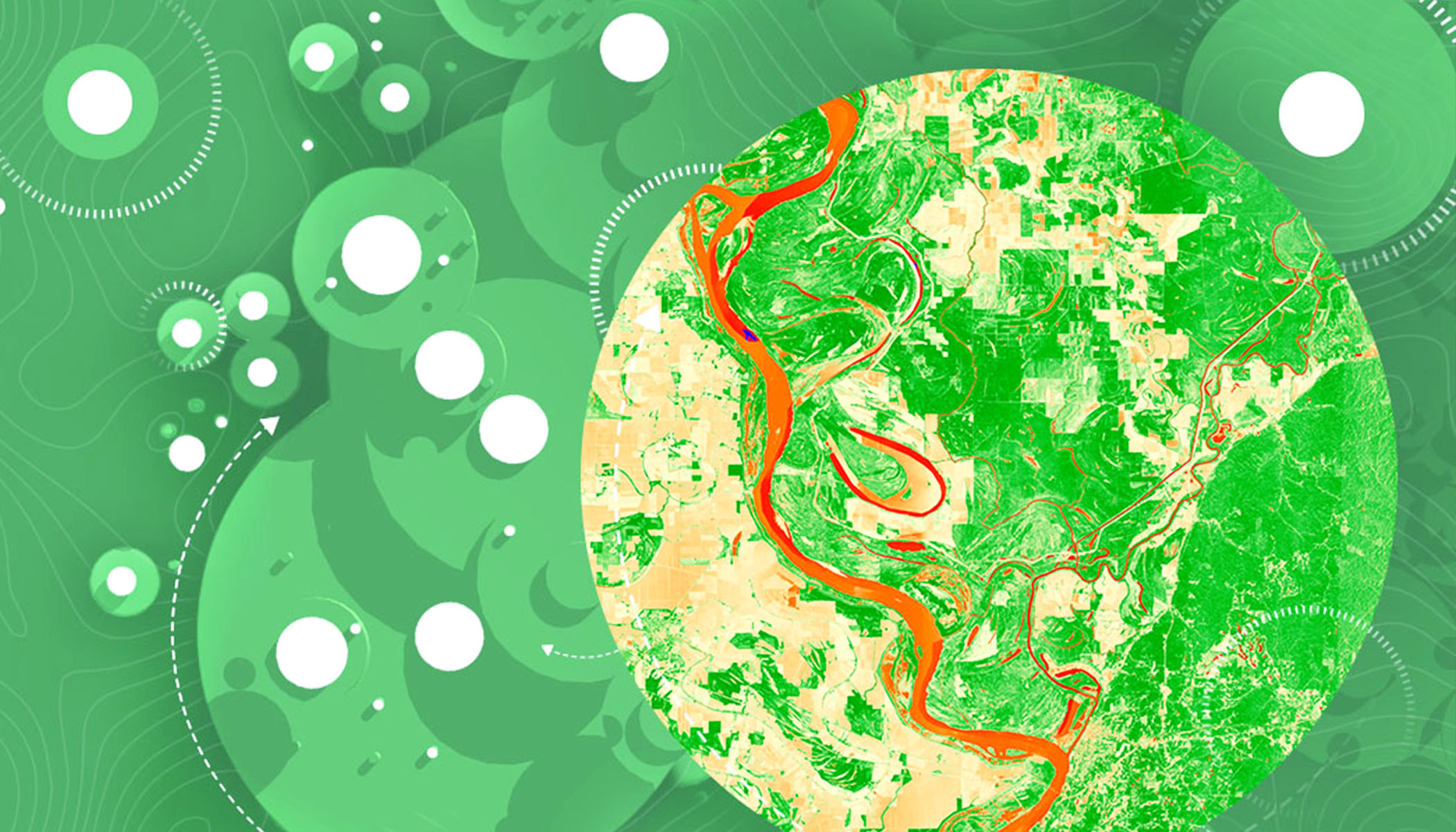 A digital map of a river system winding through a landscape, with different areas depicted in green, orange, and red