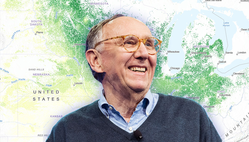 Photo of Esri president and founder Jack Dangermond, against a background of a digital map