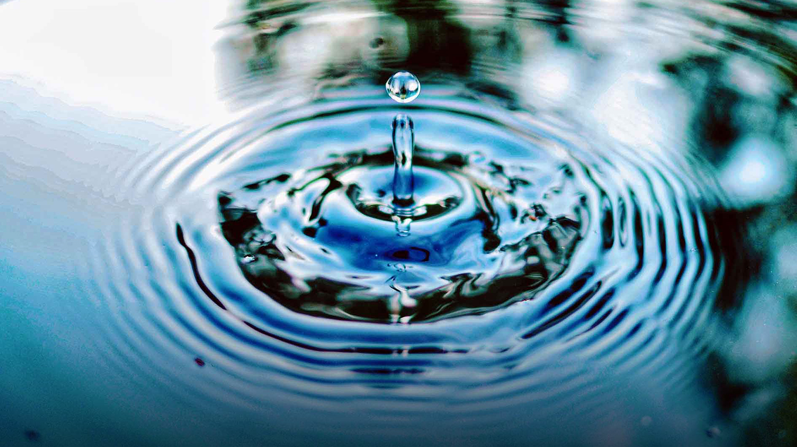 A close-up of a drop of water sending ripples out on the surface of a lake